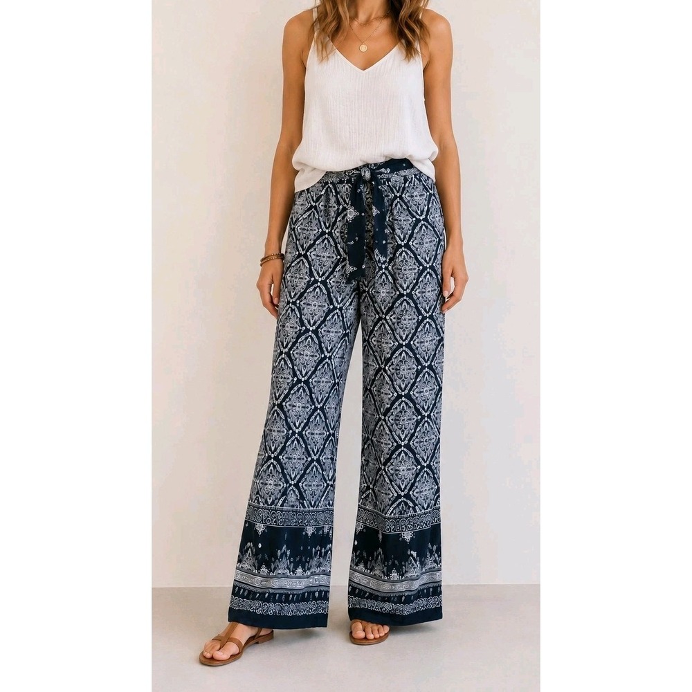 Solitaire Navy Medallion Wide Leg Pants XL Boho Palazzo Tie Waist Rayon